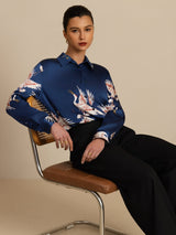 [Dark Blue] SilkSilky-AU 19Momme Long Sleeve Lapel Collar Women's Shirt 005