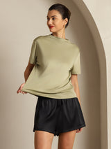 [Dried Herb] SilkSilky-AU 100% Silk Jersey Short Sleeve Mock Neck Women's T-Shirt 003