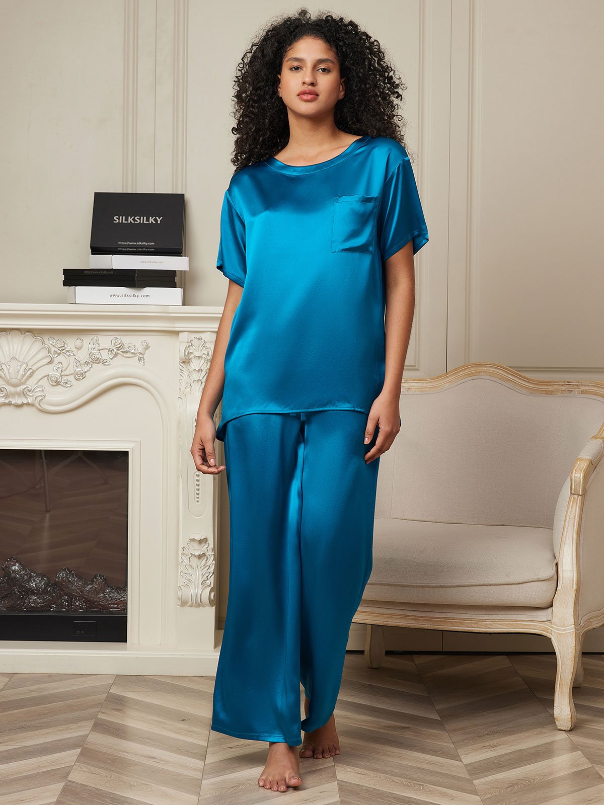 SilkSilky AU Pure Silk Short Sleeve Womens Pajamas Teal 004