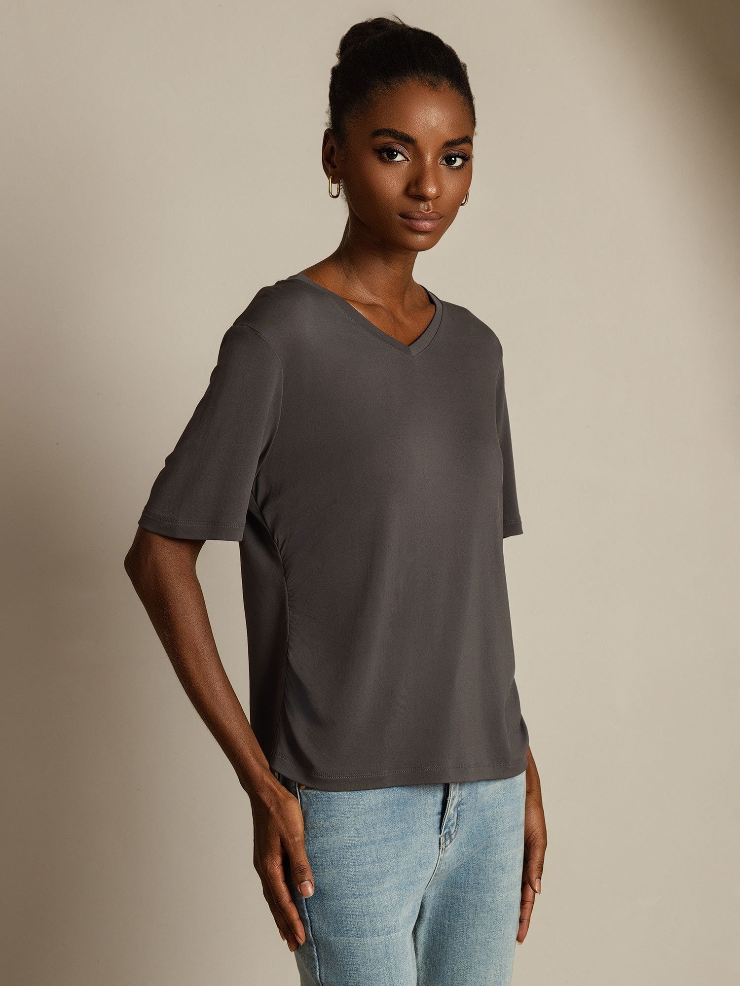 [Gray] SilkSilky-AU Pure Silk V Neck Women's T-Shirt 001