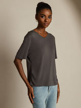 [Gray] SilkSilky-AU 100% High-Twist Silk Jersey Short Sleeve V Neck Women's T-Shirt 001
