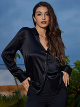 [Black] SilkSilky-AU Long Sleeve Lapel Collar Women's Shirt 003