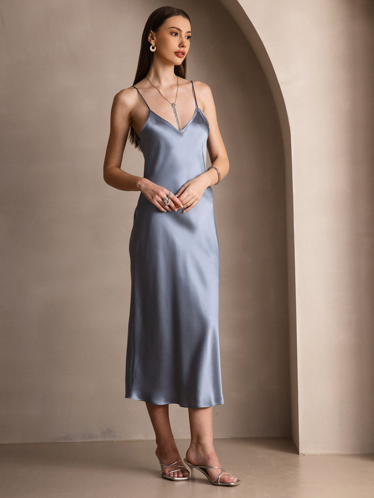 SilkSilky-AU Pure Silk Sleeveless Round Neck Dress GrayishBlue 004