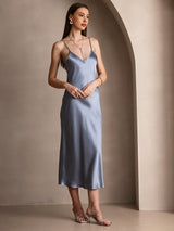 [Grayish Blue] SilkSilky-AU Spaghetti Strap V Neck Dress 004