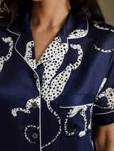 [Navy Cheetah] SilkSilky-AU Short Sleeve Notch Collar Women's Pyjamas 006