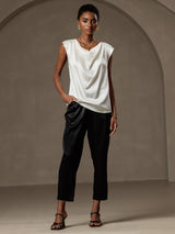 [White] SilkSilky-AU Cap Sleeve Cowl Neck Women's T-Shirt 004