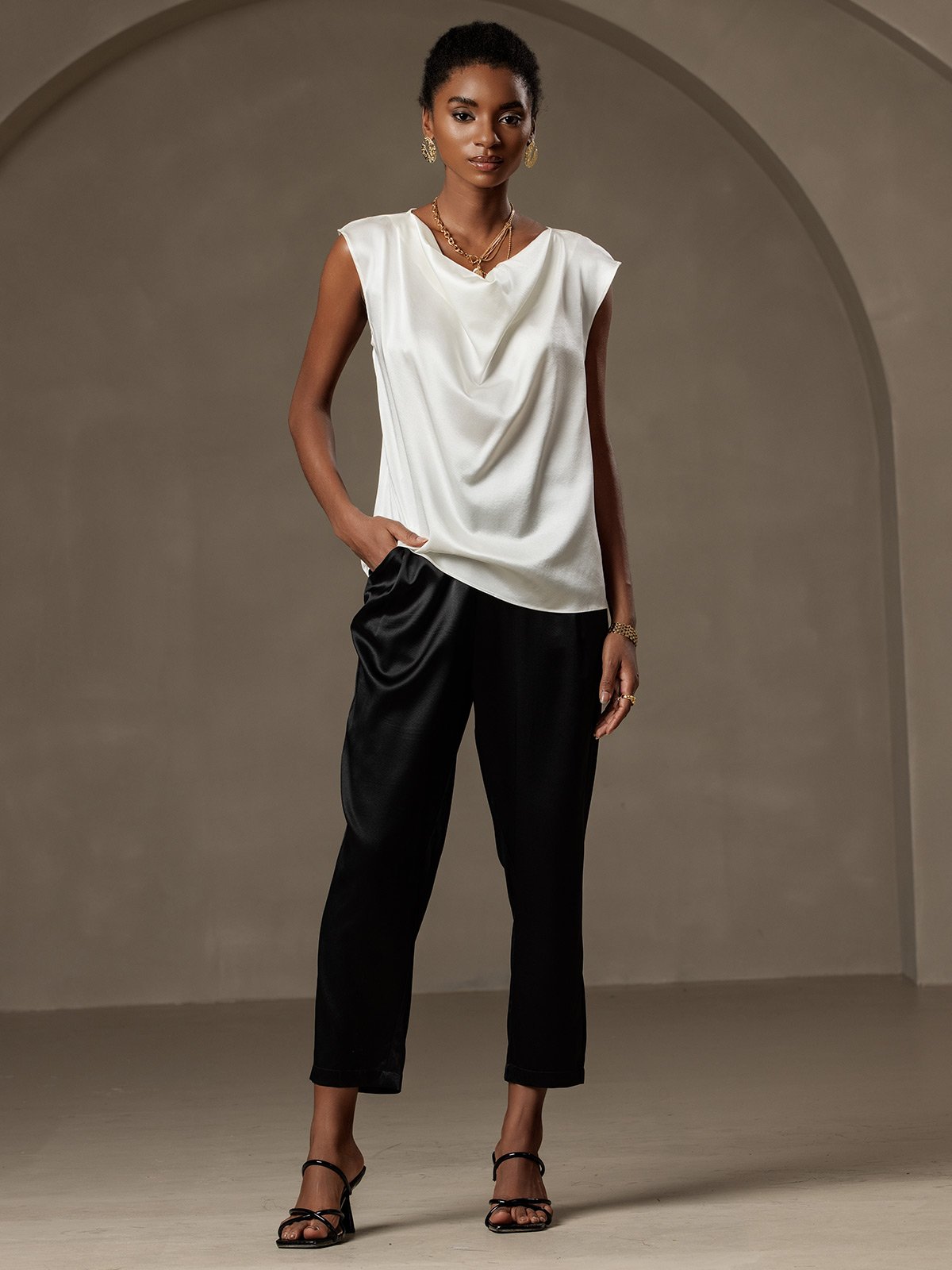 [White] SilkSilky-AU 19Momme Silk Sleeveless Cowl Neck Women's T-Shirt 004