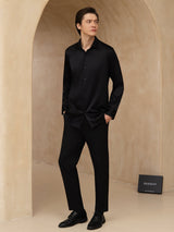 [Black] SilkSilky-AU 19Momme Stretch Silk Charmeuse Long Sleeve Lapel Collar Men's Shirt 007