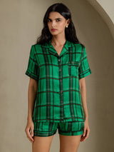 [Green Plaid] SilkSilky-AU Short Sleeve Notch Collar Women's Pyjamas 001