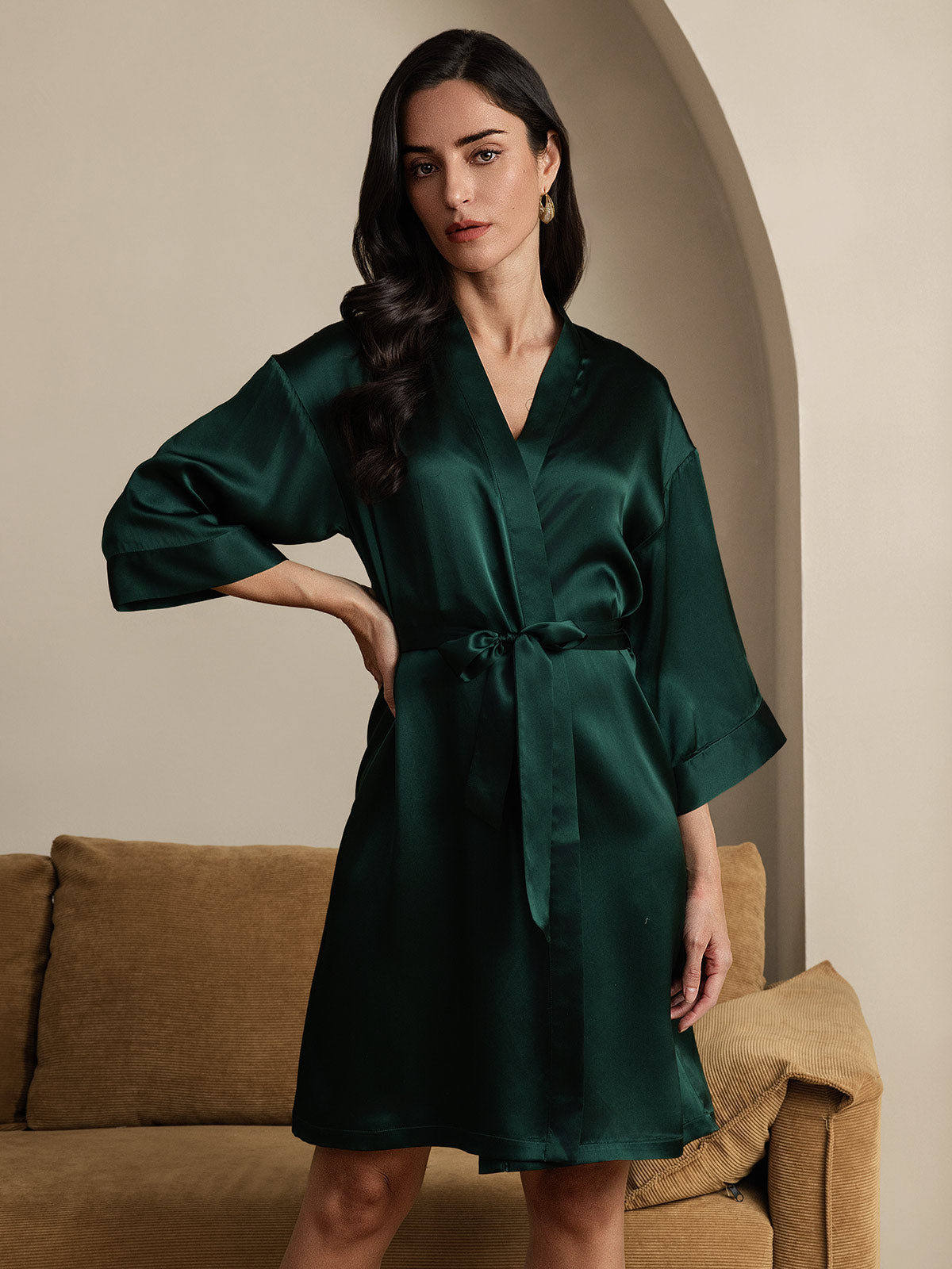 [Dark Green] SilkSilky-AU Pure Silk Half Sleeve Wrap Women's Dressing Gown 003