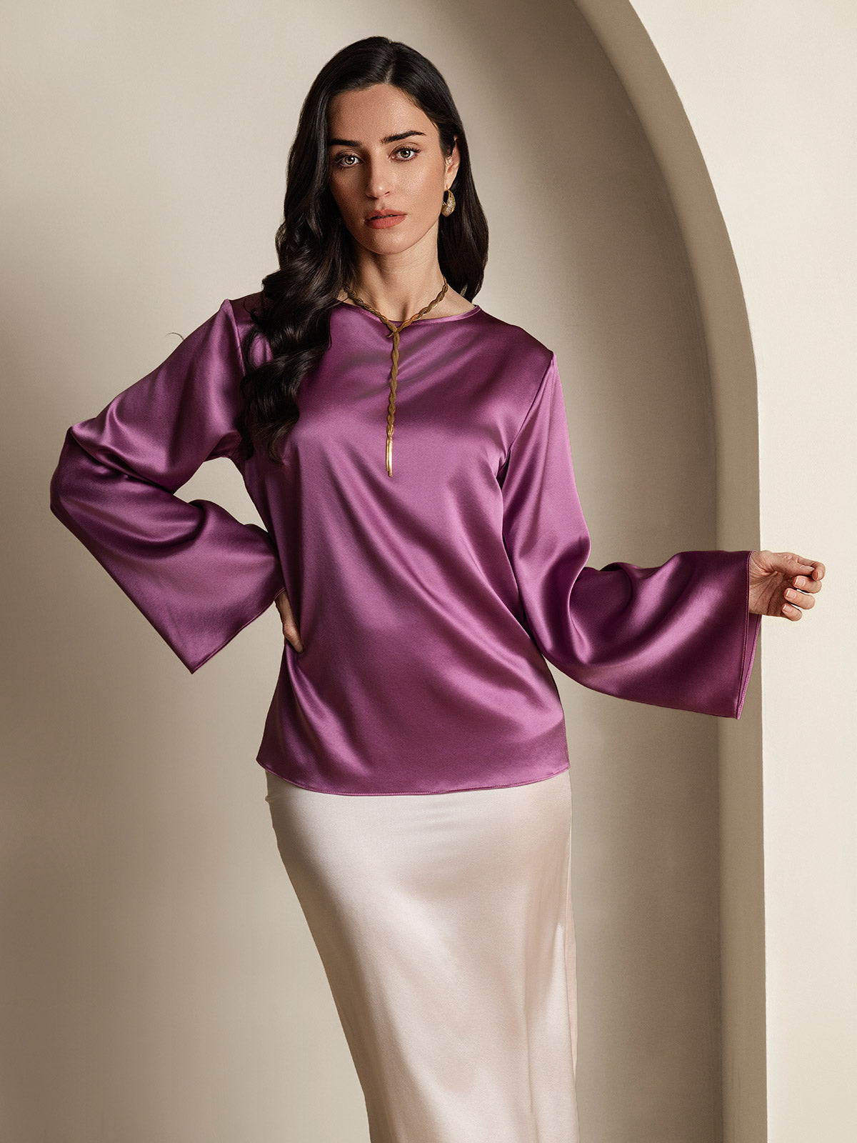 SilkSilky-AU 19Momme Silk Long Sleeve Round Neck Women's T-Shirt DeepPurple 003