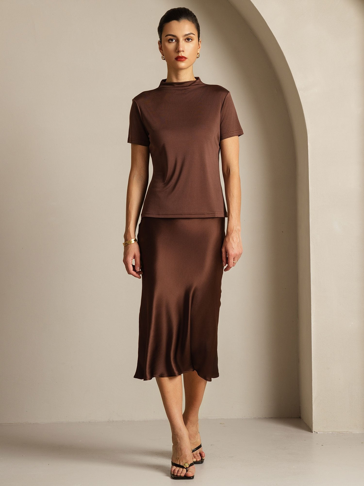 [Coffee] SilkSilky-AU Pure Silk Collar Women's T-Shirt 006