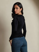 [Black] SilkSilky-AU Silk Jersey Long Sleeve Round Neck Women's T-Shirt 002