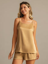 [Tan] SilkSilky-AU 19Momme Machine-Washable Silk Sleeveless Round Neck Camisole Set 005