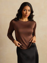 [Coffee] SilkSilky-AU 100% Silk Jersey Long Sleeve Crew Neck Women's T-Shirt 006