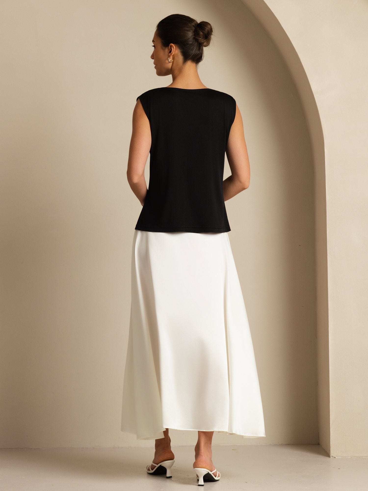 [Black] SilkSilky-AU 100% Silk Jersey Sleeveless Cowl Neck Women's T-Shirt 002