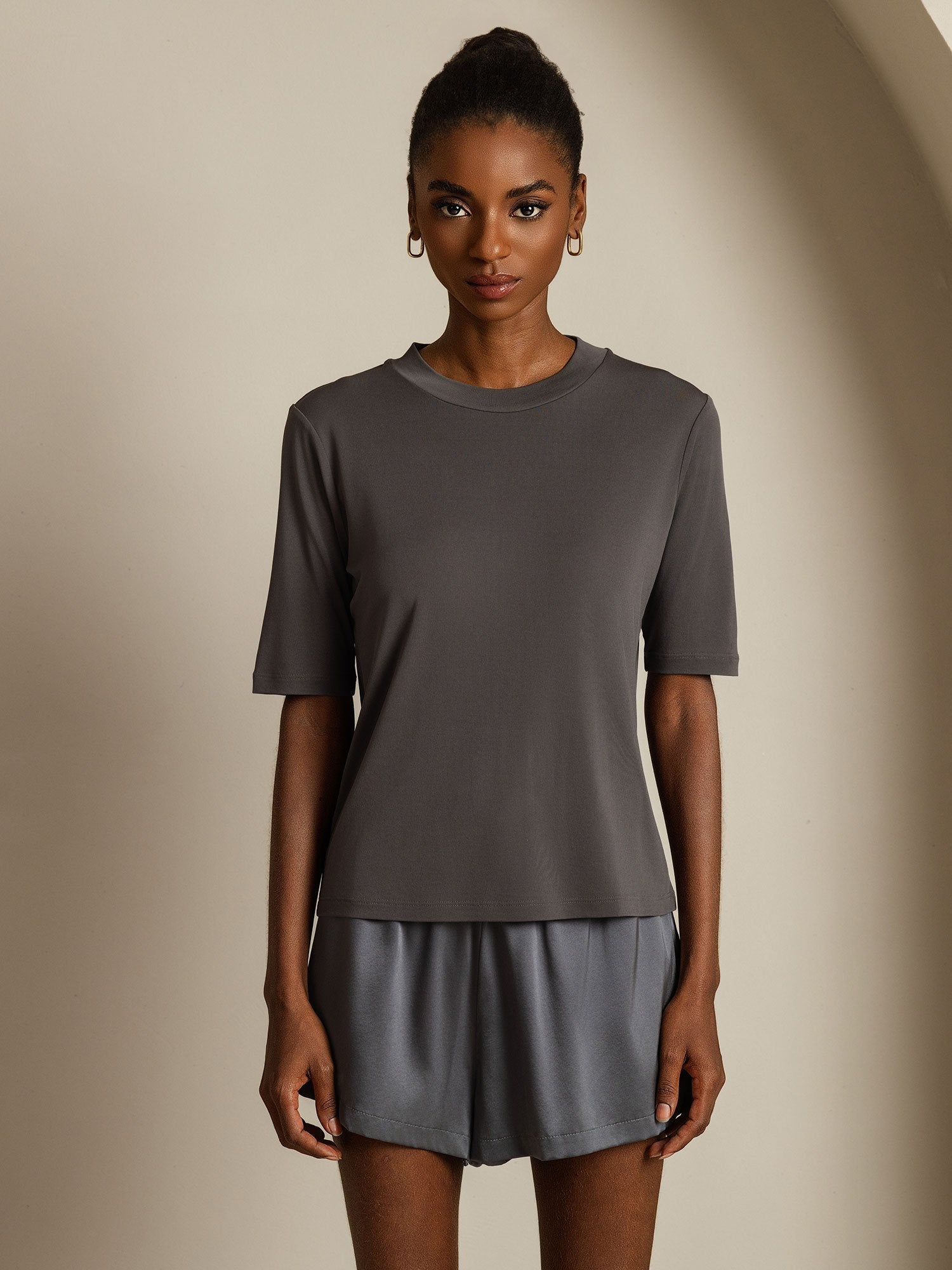 [Gray] SilkSilky-AU Pure Silk Round Neck Women's T-Shirt 003