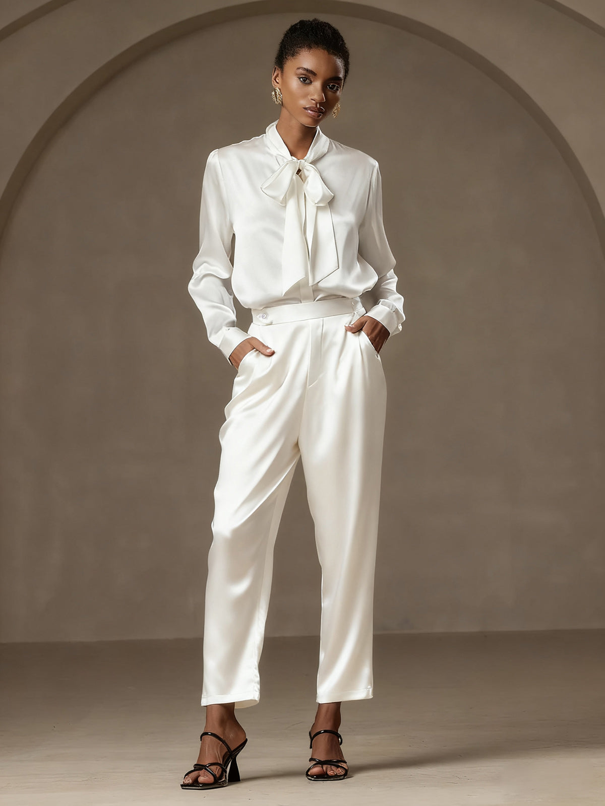 [White] SilkSilky-AU 19Momme Silk Womens Pants 001
