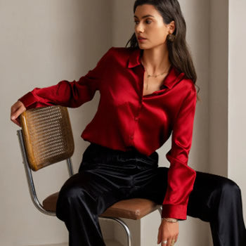[Red] SilkSilky-AU Silk Lapel Collar Women's Shirt 001