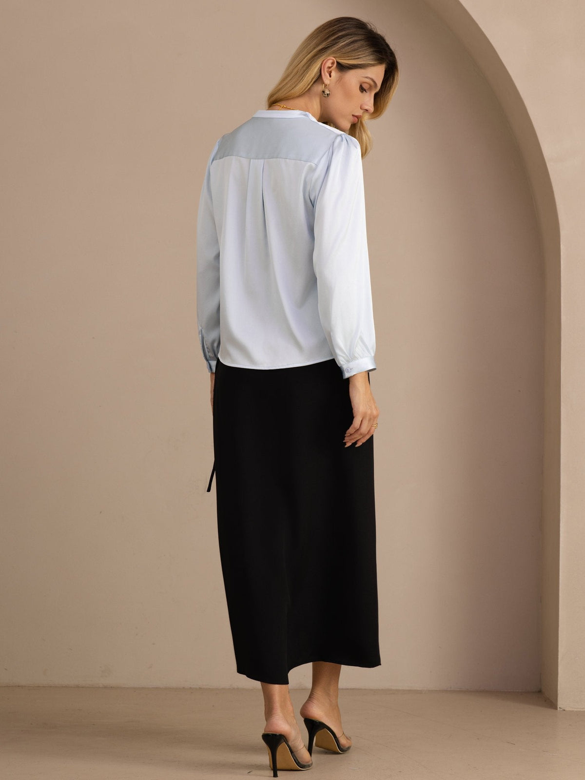 [Light Blue] SilkSilky-AU Long Sleeve Wrap Women's Blouse 002