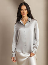 [Light Gray] SilkSilky-AU 19Momme Stretch Silk Charmeuse Long Sleeve Lapel Collar Women's Shirt 001