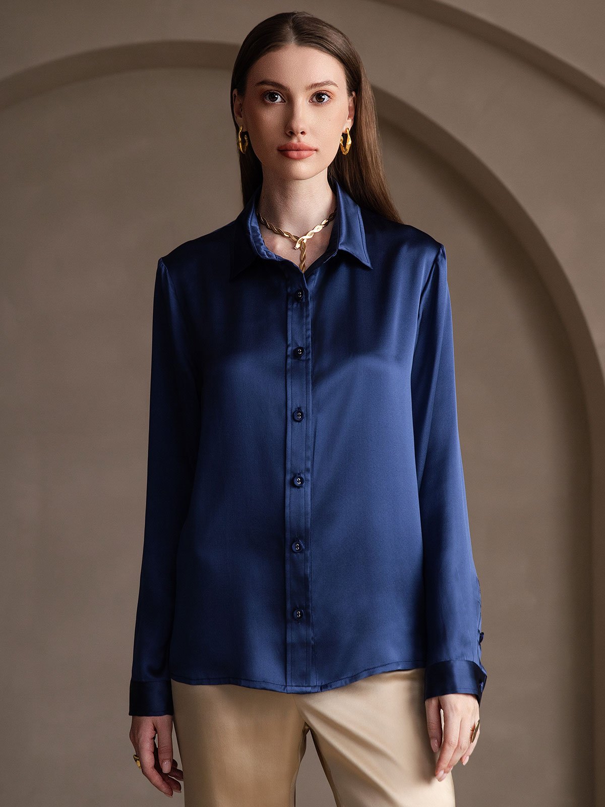 [Dark Blue] SilkSilky-AU 19Momme Stretch Silk Charmeuse Long Sleeve Lapel Collar Women's Shirt 001