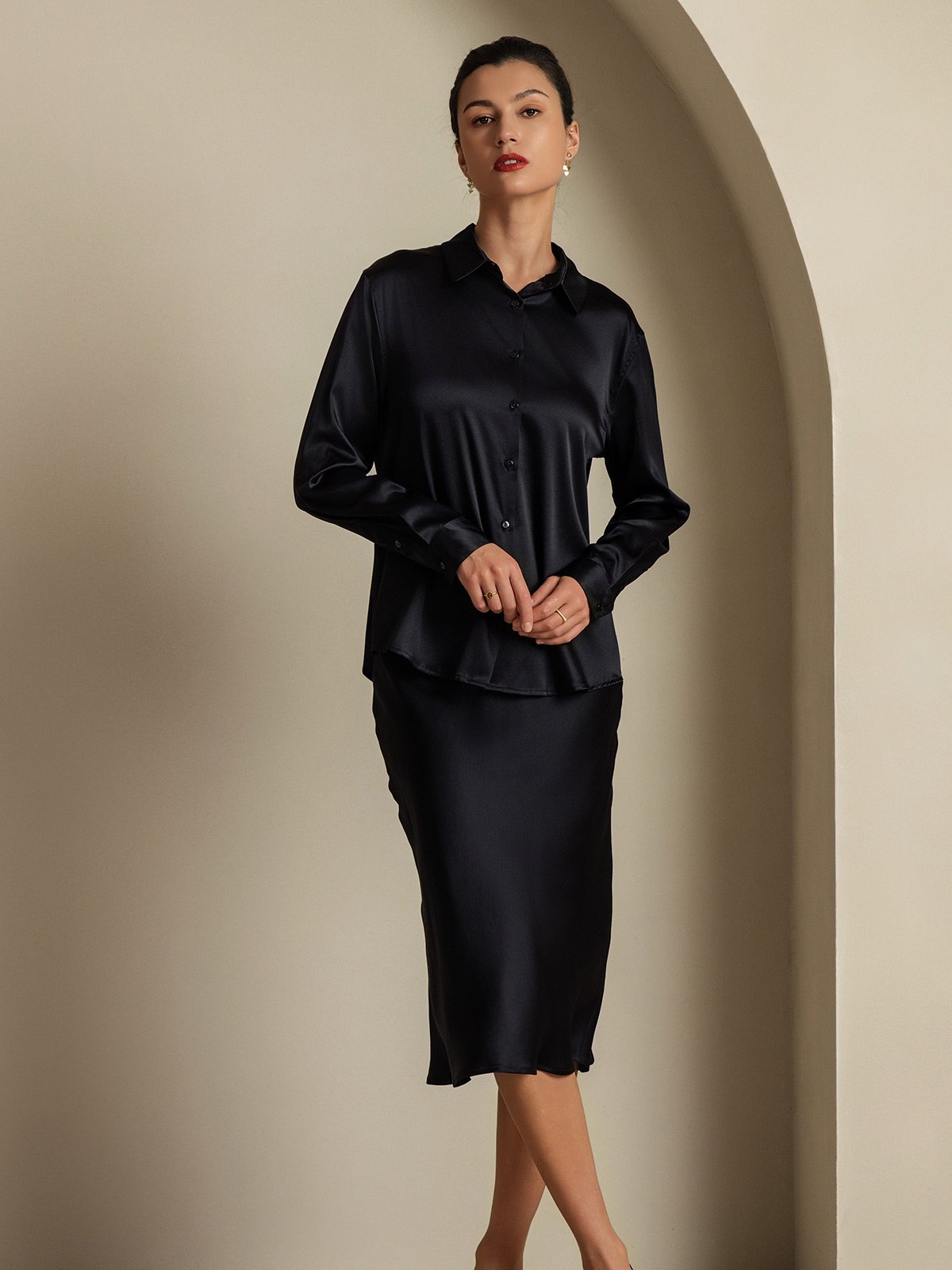 [Black] SilkSilky-AU 19Momme Silk Knitted Lapel Collar Women''s Outfit Sets 007,