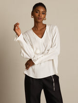 [White] SilkSilky-AU 19Momme Stretch Silk Double Georgette Long Sleeve V Neck Blouse 004