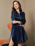 SilkSilky AU Pure Silk 3/4 Sleeve Lapel Nightshirt DarkBlue 006