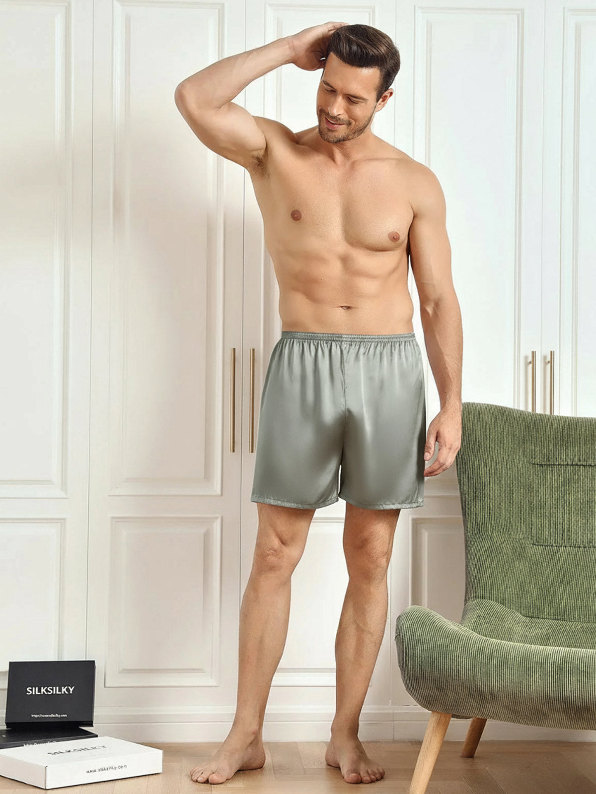 [Grayish Green] SilkSilky-AU Pure Silk Mens Sleep Bottoms 004
