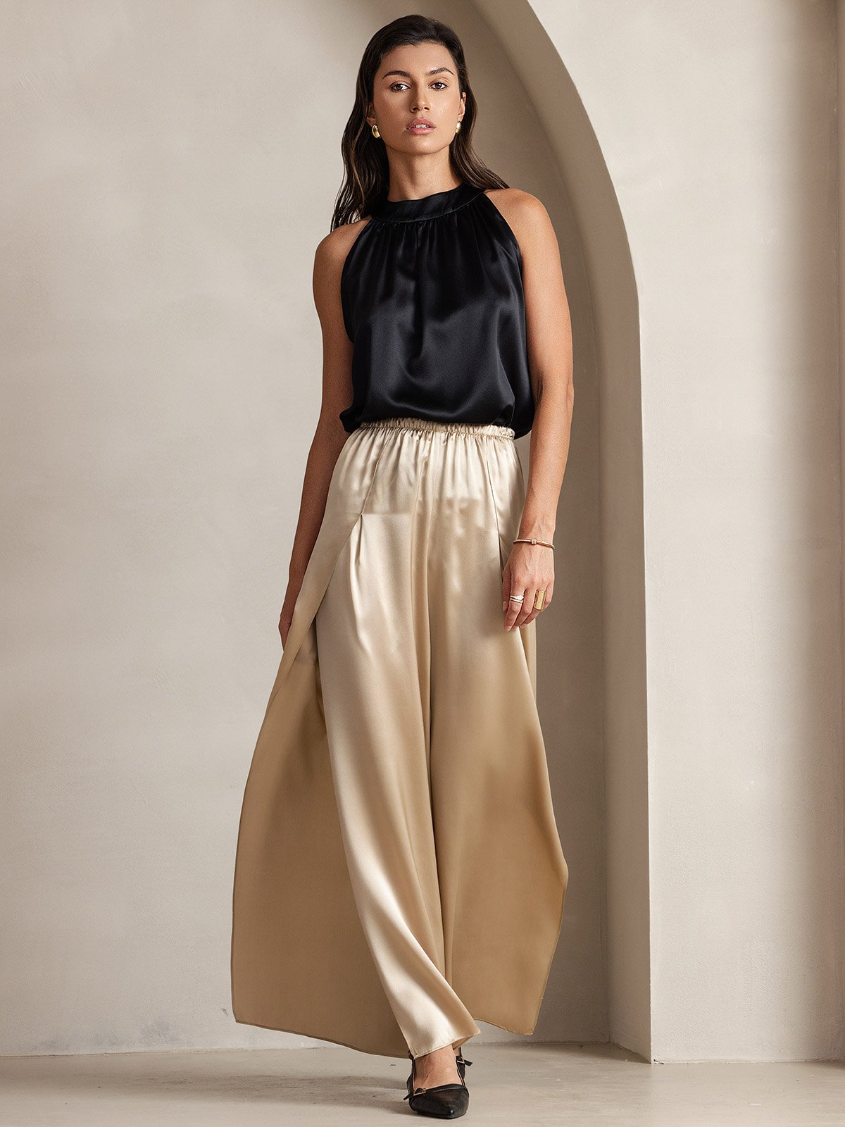 [Black] SilkSilky-AU 19Momme Silk Sleeveless Halter Neck Women's T-Shirt 003