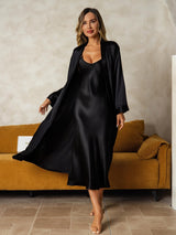 [Black] SilkSilky-AU Long Sleeve V Neck Nightgown&Dressing Gown Set 001