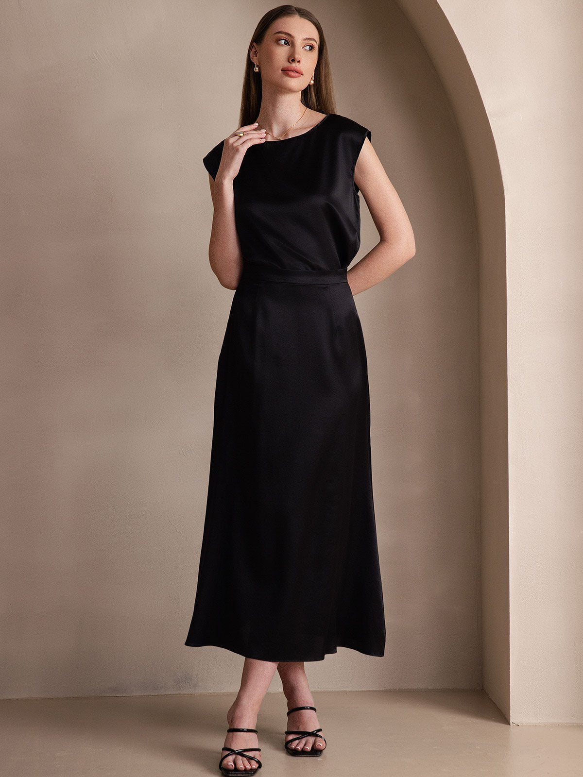 [Black] SilkSilky-AU 19Momme Stretch Silk Charmeuse Skirt 006
