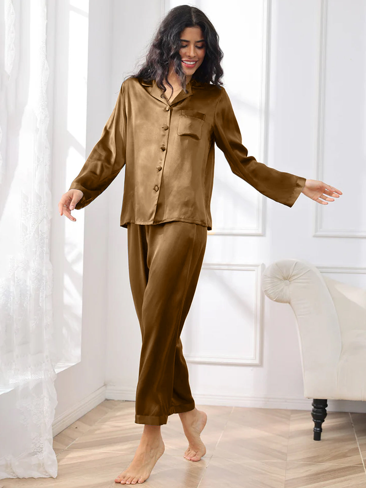 [Brown] SilkSilky-AU Pure Silk Womens Pajamas 003
