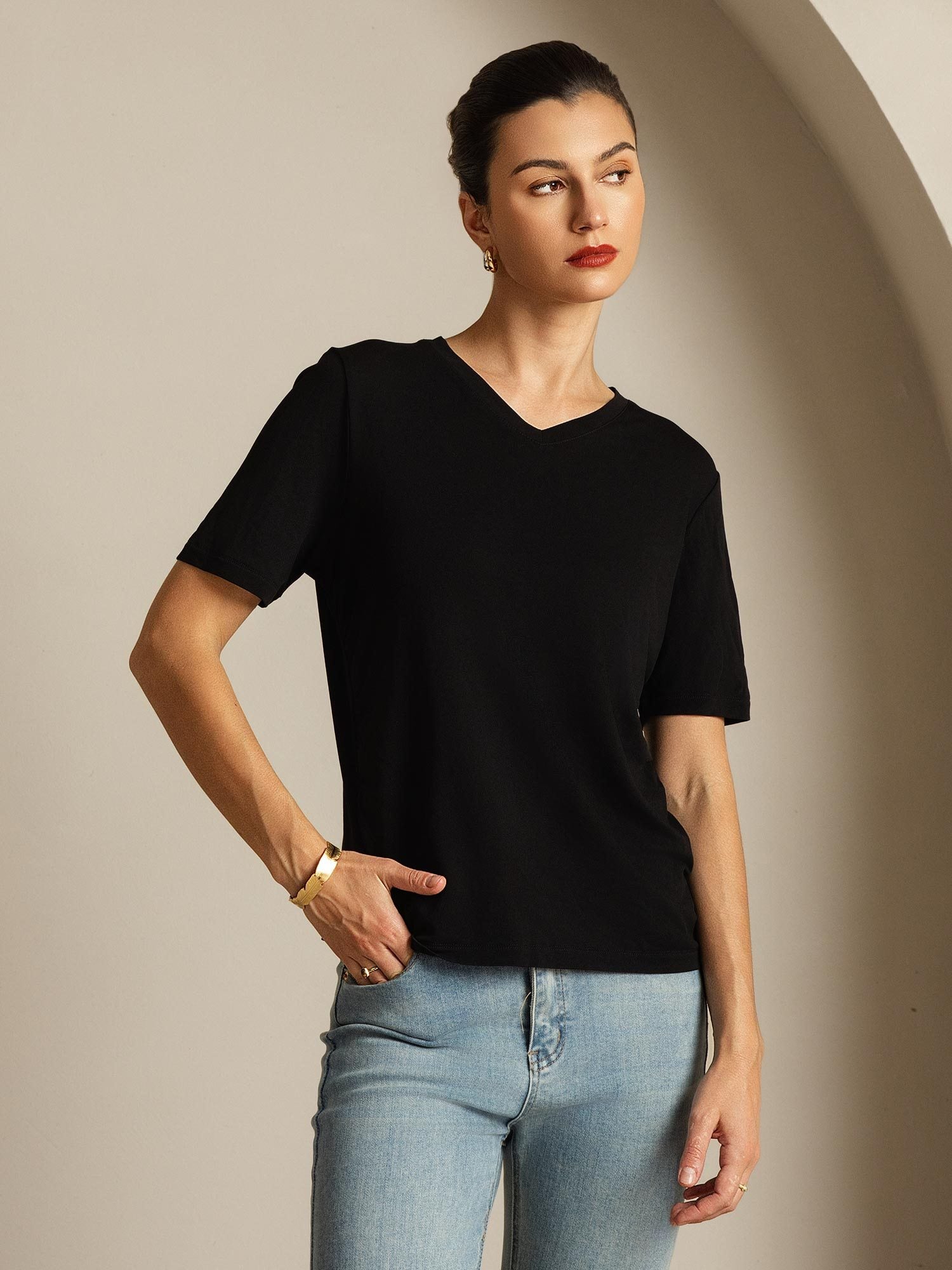 [Black] SilkSilky-AU Pure Silk V Neck Women's T-Shirt 007