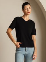 [Black] SilkSilky-AU 100% High-Twist Silk Jersey Short Sleeve V Neck Women's T-Shirt 007