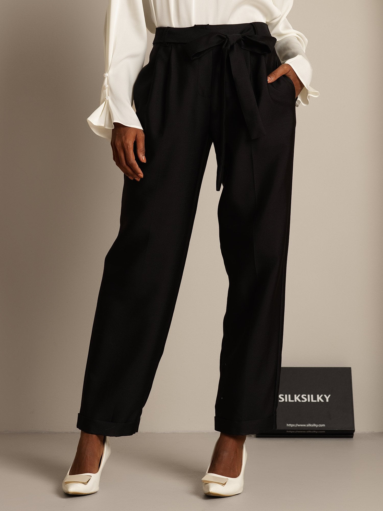 [Black] SilkSilky-AU 32Momme Wool Womens Pants 001,