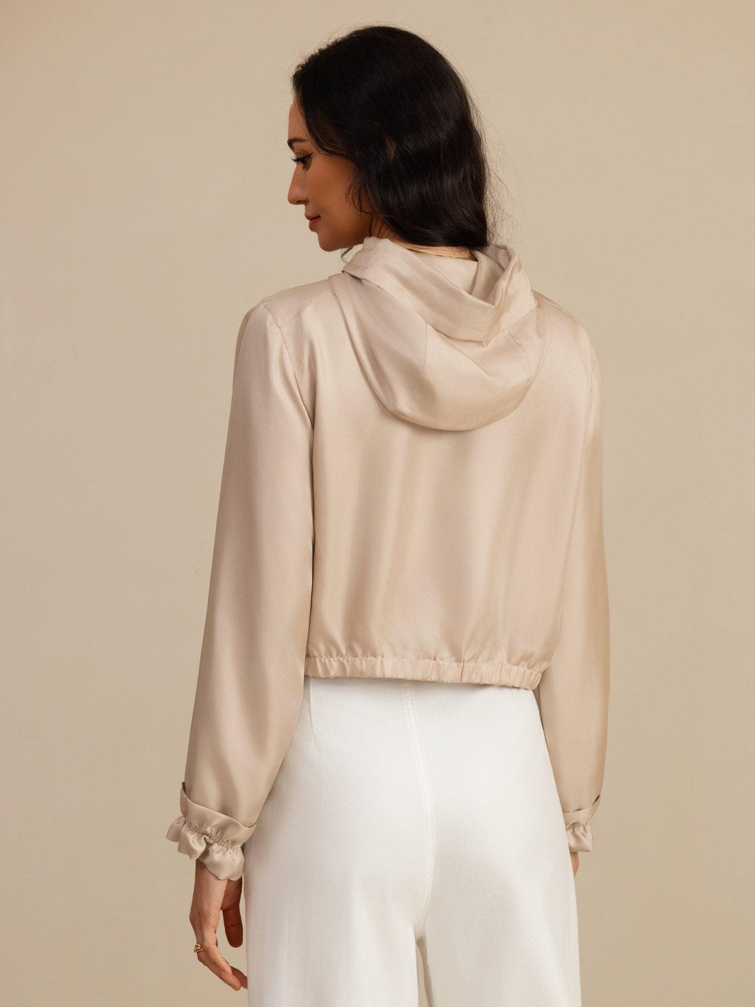 [Tan] SilkSilky-AU 18Momme Silk Satin Surah Long Sleeve High Neck Women's Outerwear 002