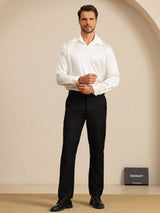[White] SilkSilky-AU 19Momme Stretch Silk Charmeuse Long Sleeve Lapel Collar Men's Shirt 008