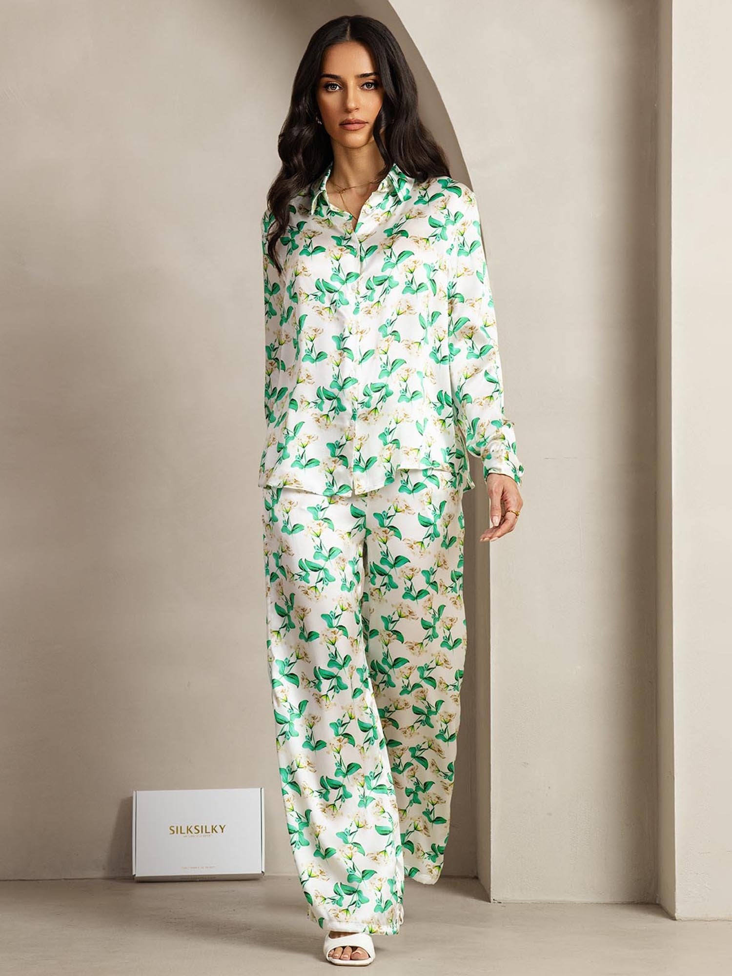 [GreenFloral] SilkSilky-AU 19Momme Silk Lapel Collar Women''s Outfit Sets 002