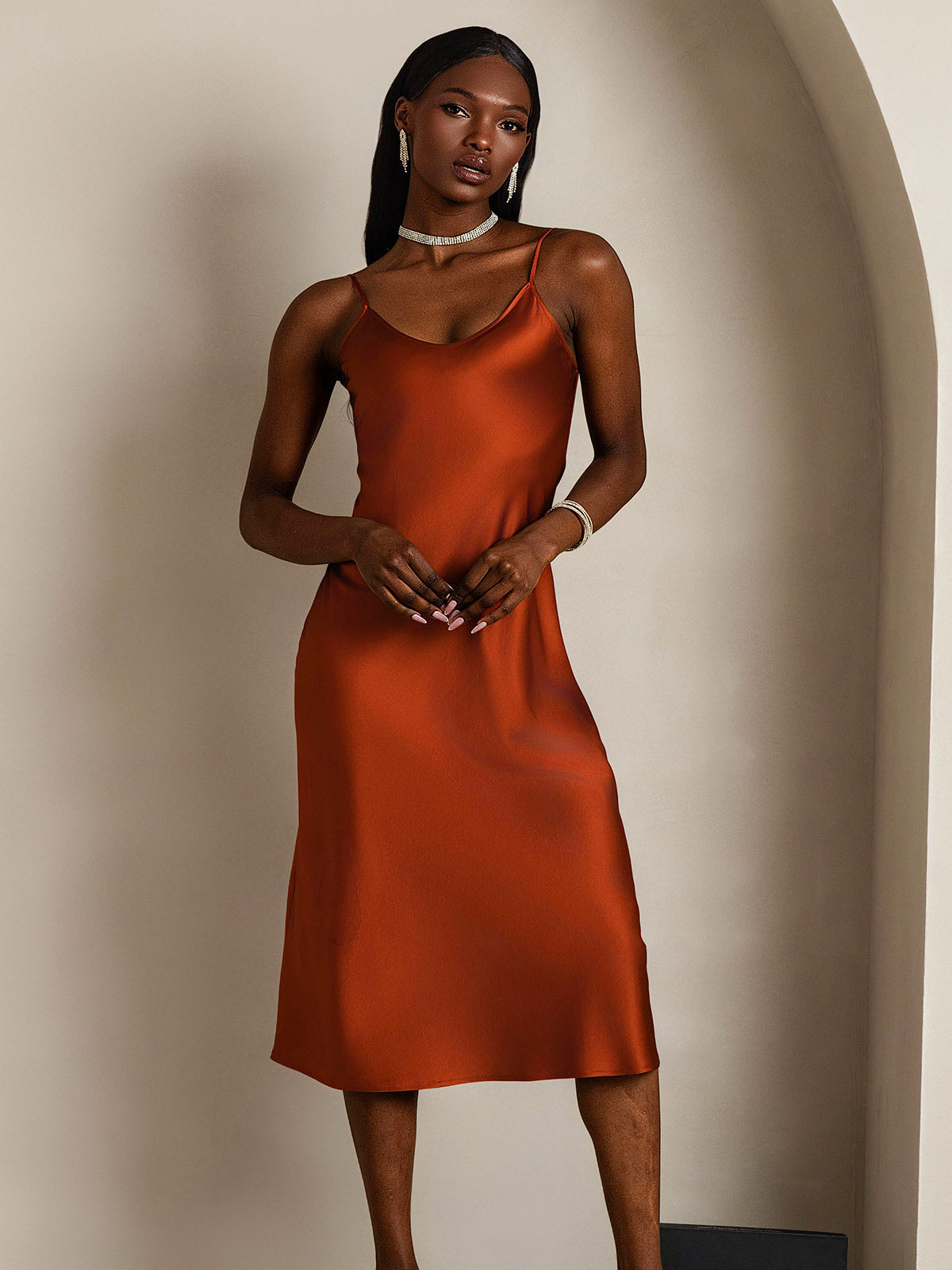 SilkSilky-AU Pure Silk Sleeveless Round Neck Dress Caramel 003