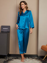 [Teal] SilkSilky-AU Long Sleeve Lapel Collar Women's Pyjamas 001