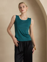 [Dark Green] SilkSilky-AU 100% Silk Jersey Sleeveless Round Neck Women's T-Shirt 005