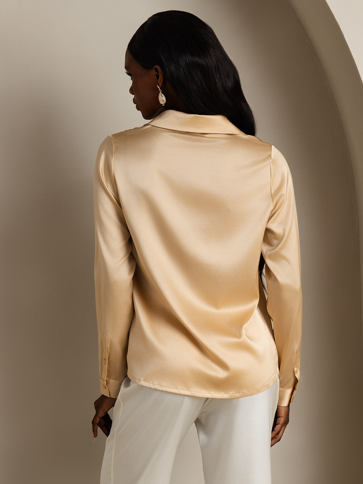 SilkSilky-AU 19Momme Silk Long Sleeve Collar Women's Shirt Champagne 002