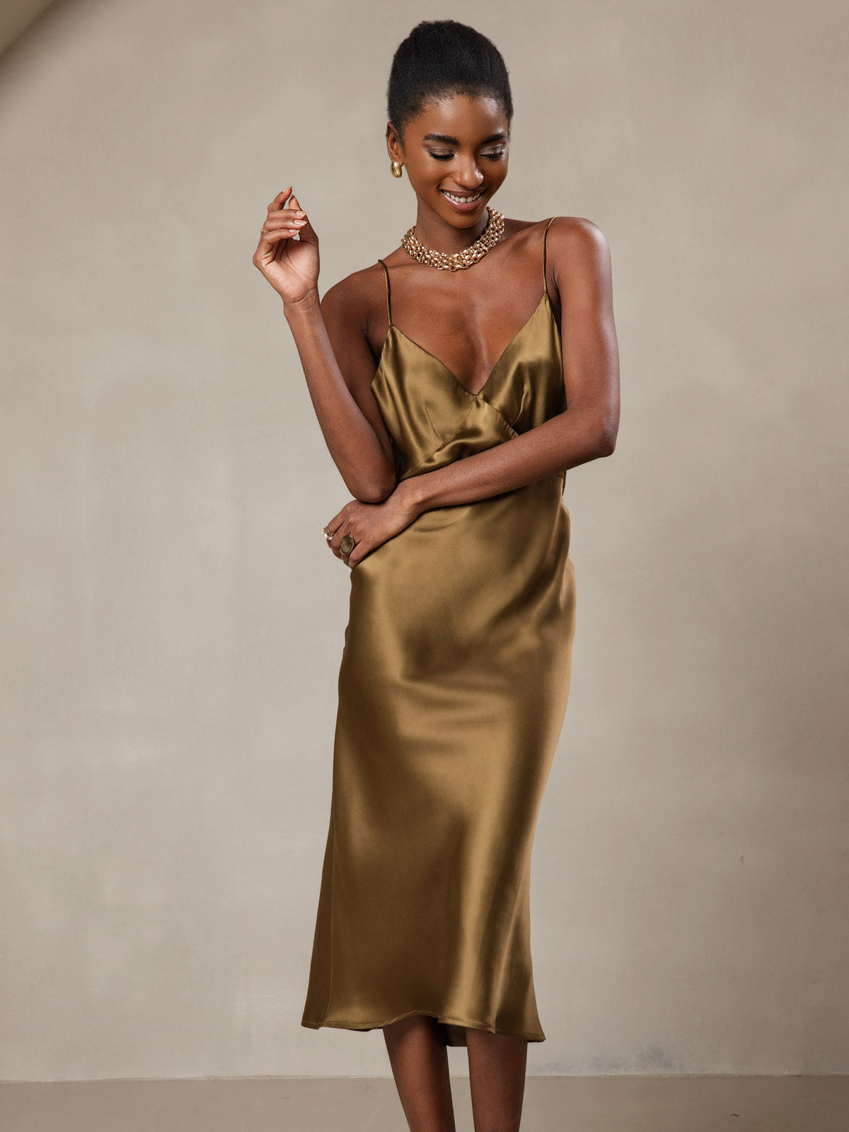 [Brown] SilkSilky-AU 19Momme Pure Silk V Neck Dress 001