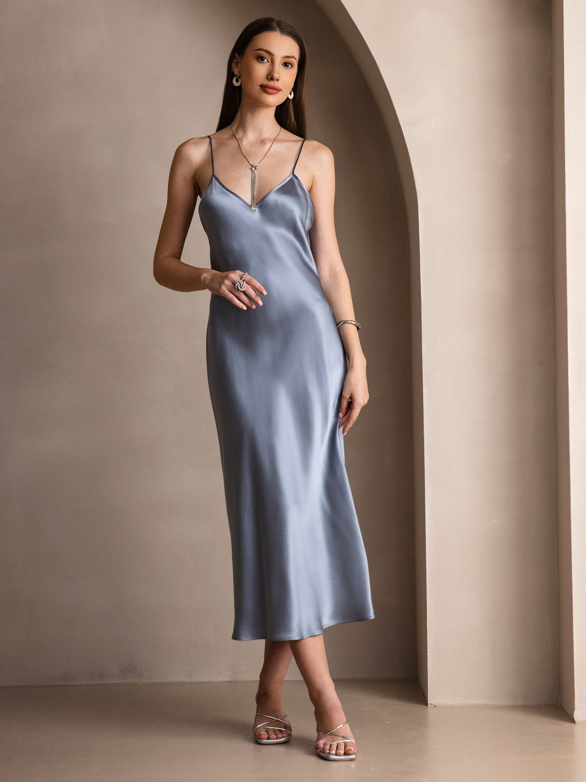 [Grayish Blue] SilkSilky-AU Spaghetti Strap V Neck Dress 004
