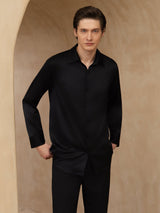 [Black] SilkSilky-AU 19Momme Stretch Silk Charmeuse Long Sleeve Lapel Collar Men's Shirt 003