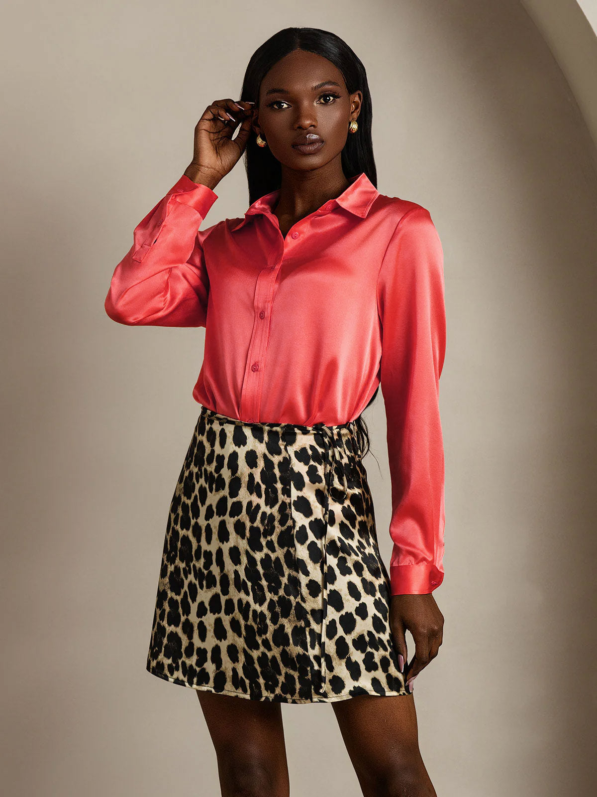 [Imperial Red] SilkSilky-AU 19Momme Stretch Silk Charmeuse Long Sleeve Lapel Collar Women's Shirt 005