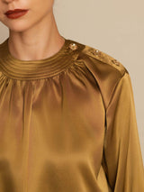 [Bronze] SilkSilky-AU 19Momme Stretch Silk Charmeuse Long Sleeve Round Neck Blouse 005