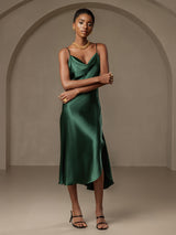 [Dark Green] SilkSilky-AU Spaghetti Strap Cowl Neck Dress 005